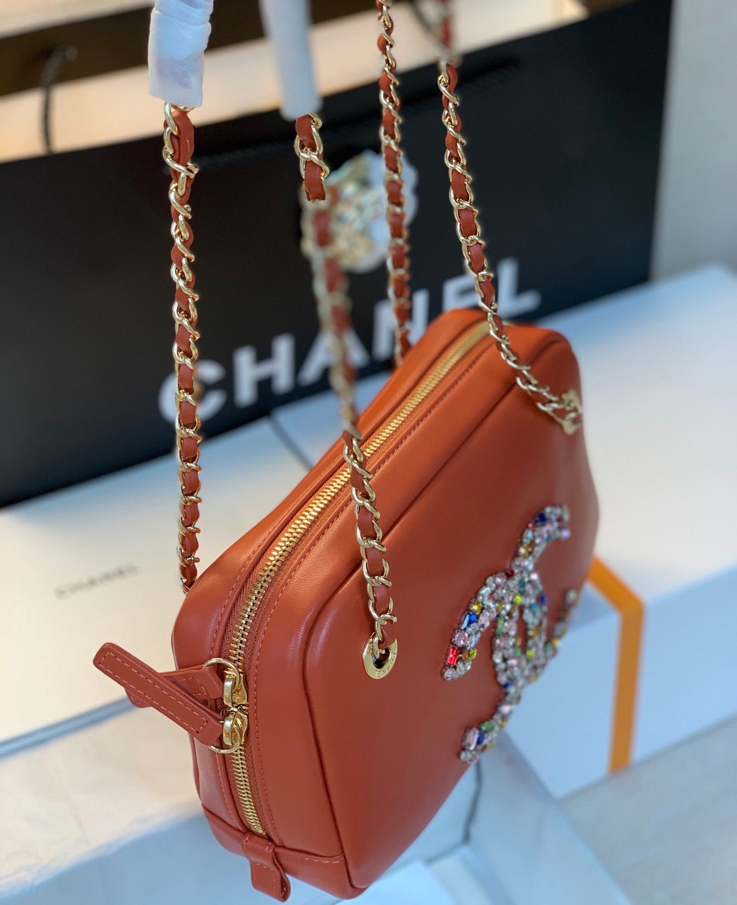 CHL Camera Cubic GLAMIamonds Brown Bag For Women 12.5cm/4.9in