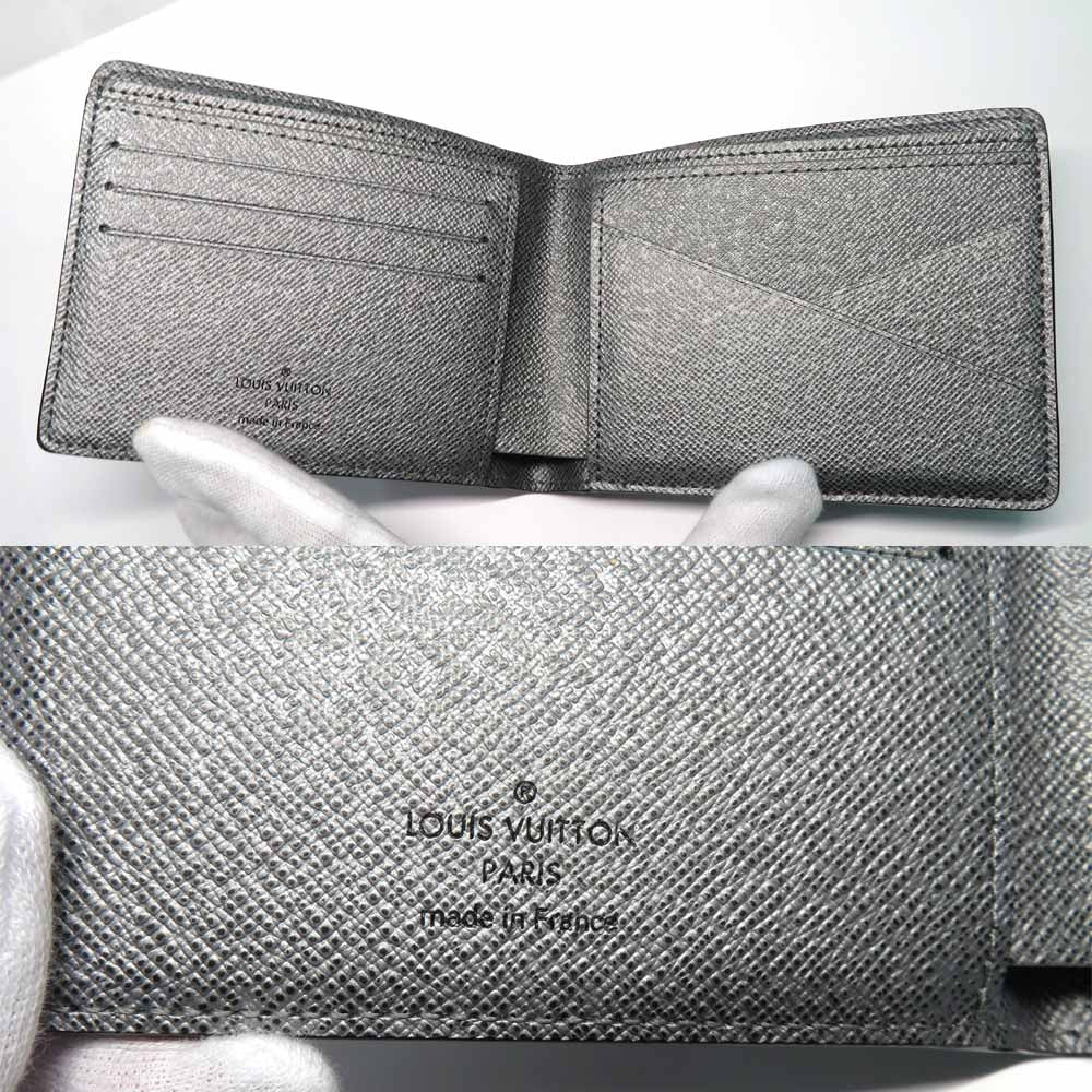 Louis Vuitton Portefolio Multipur M30843  Monogram Taiga Double Fold Wallet Silver Gr Card Compact Coinless Leather Mens