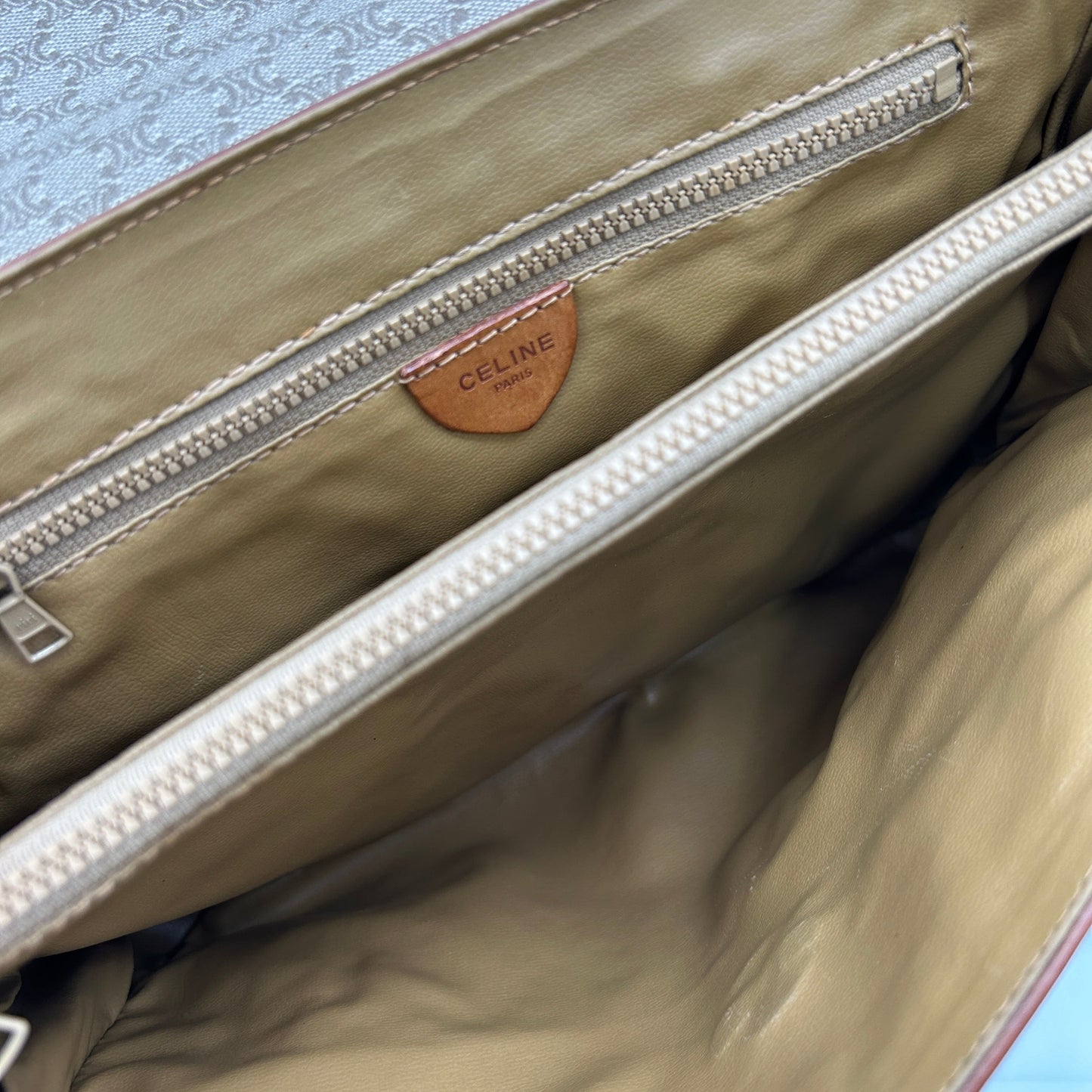 Celine Macadam Beige Brown Canvas Leather Handbag Medium