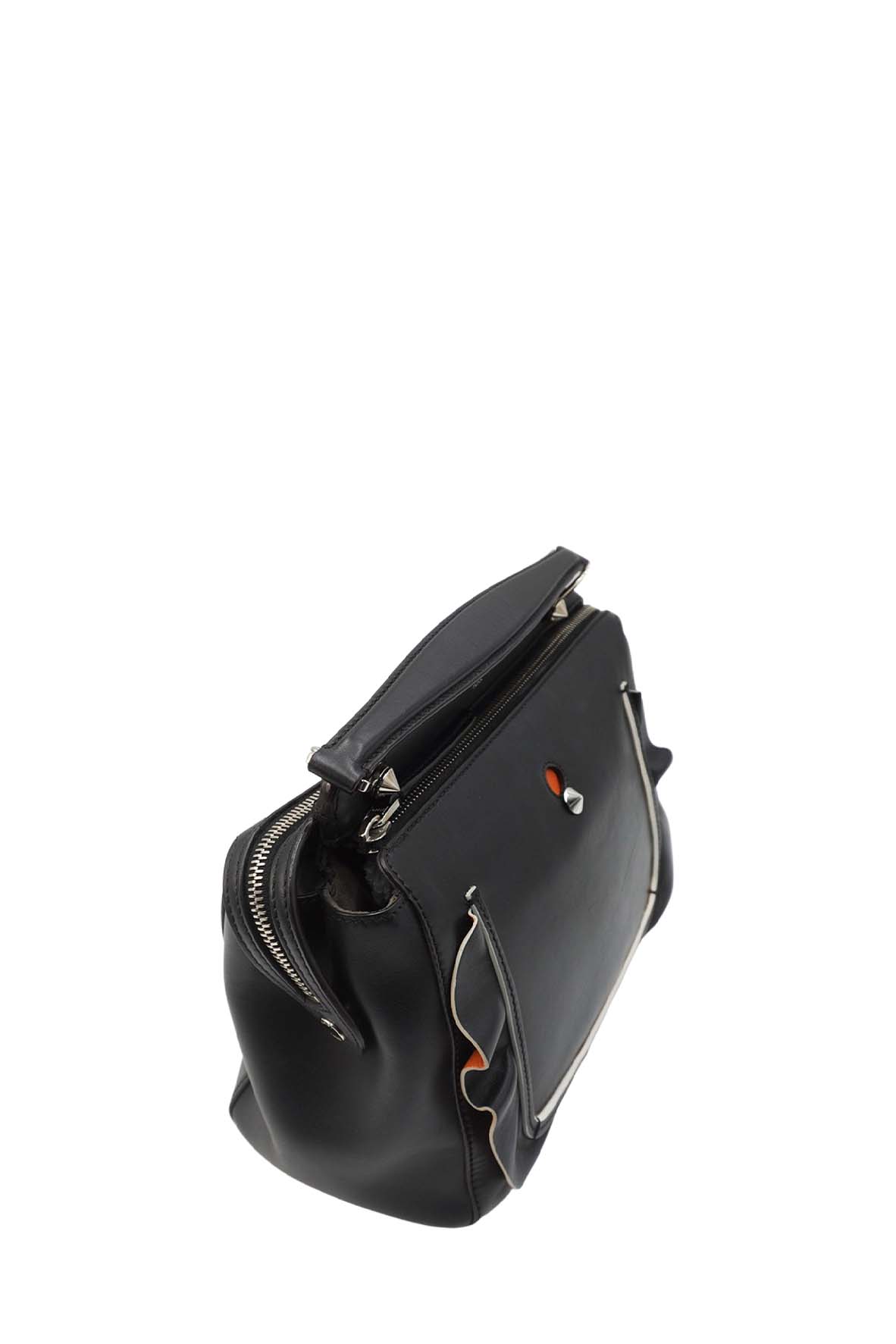DotCom Convertible Satchel Ruffled Leather Bag Black