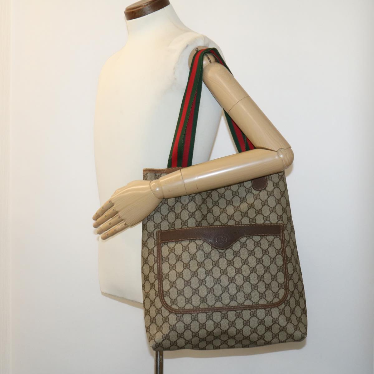 GUCCI Web Sherry Line GG Canvas Tote Bag Beige Red Green fm1307