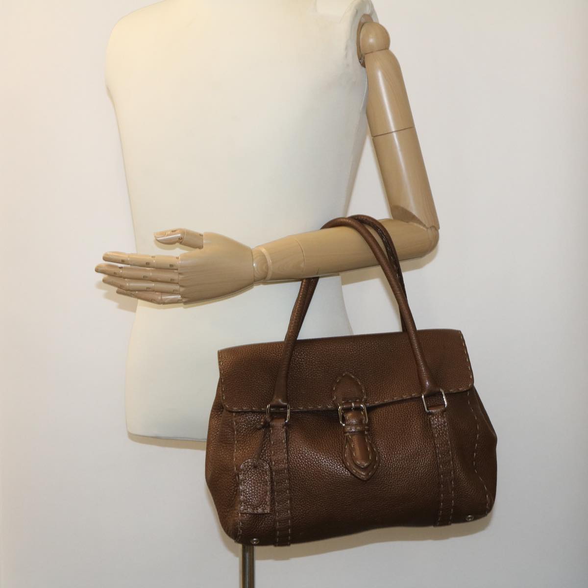 FENDI Hand Bag Leather Brown fm1328