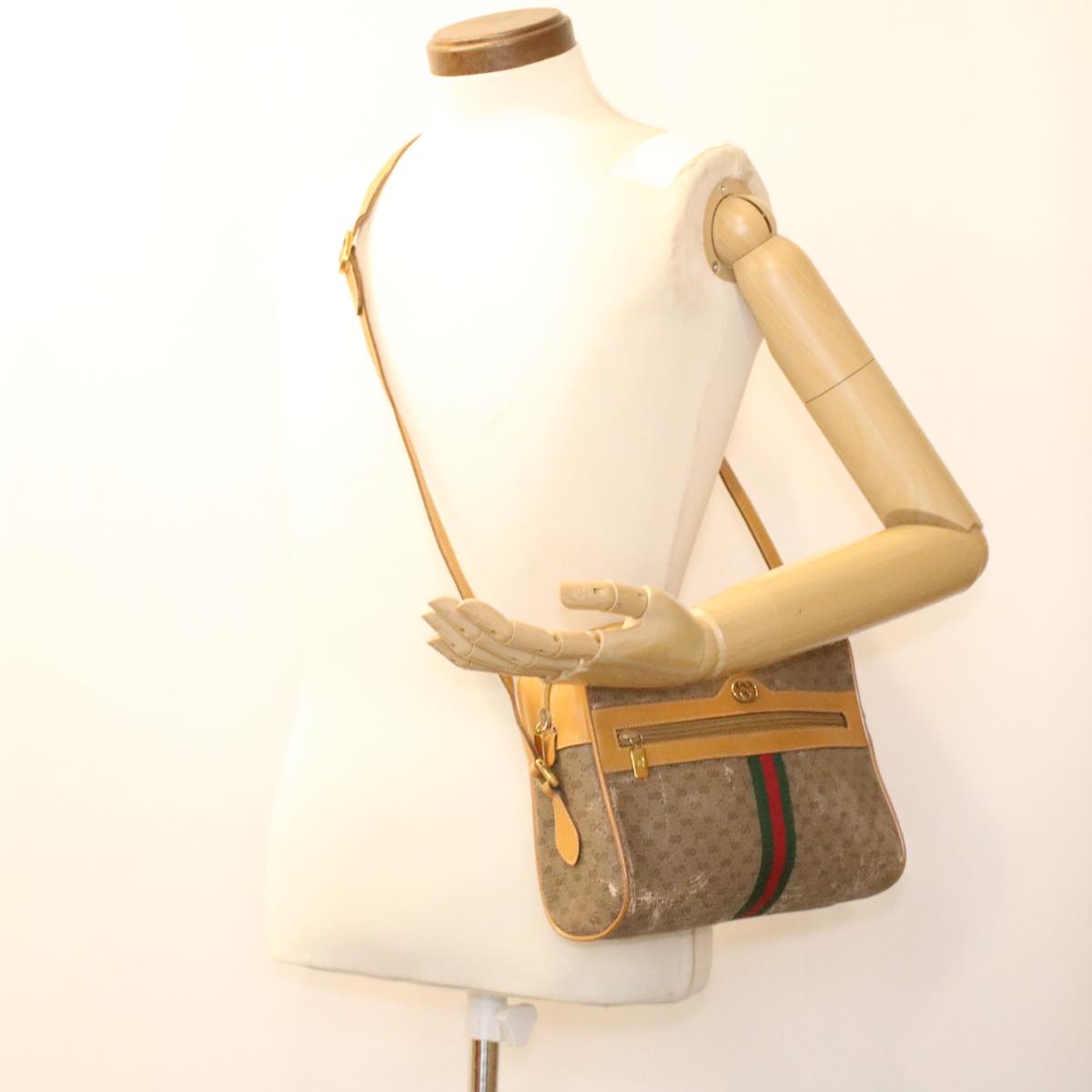 GUCCI Micro GG Canvas Web Sherry Line Shoulder Bag Beige Red Green fm1935