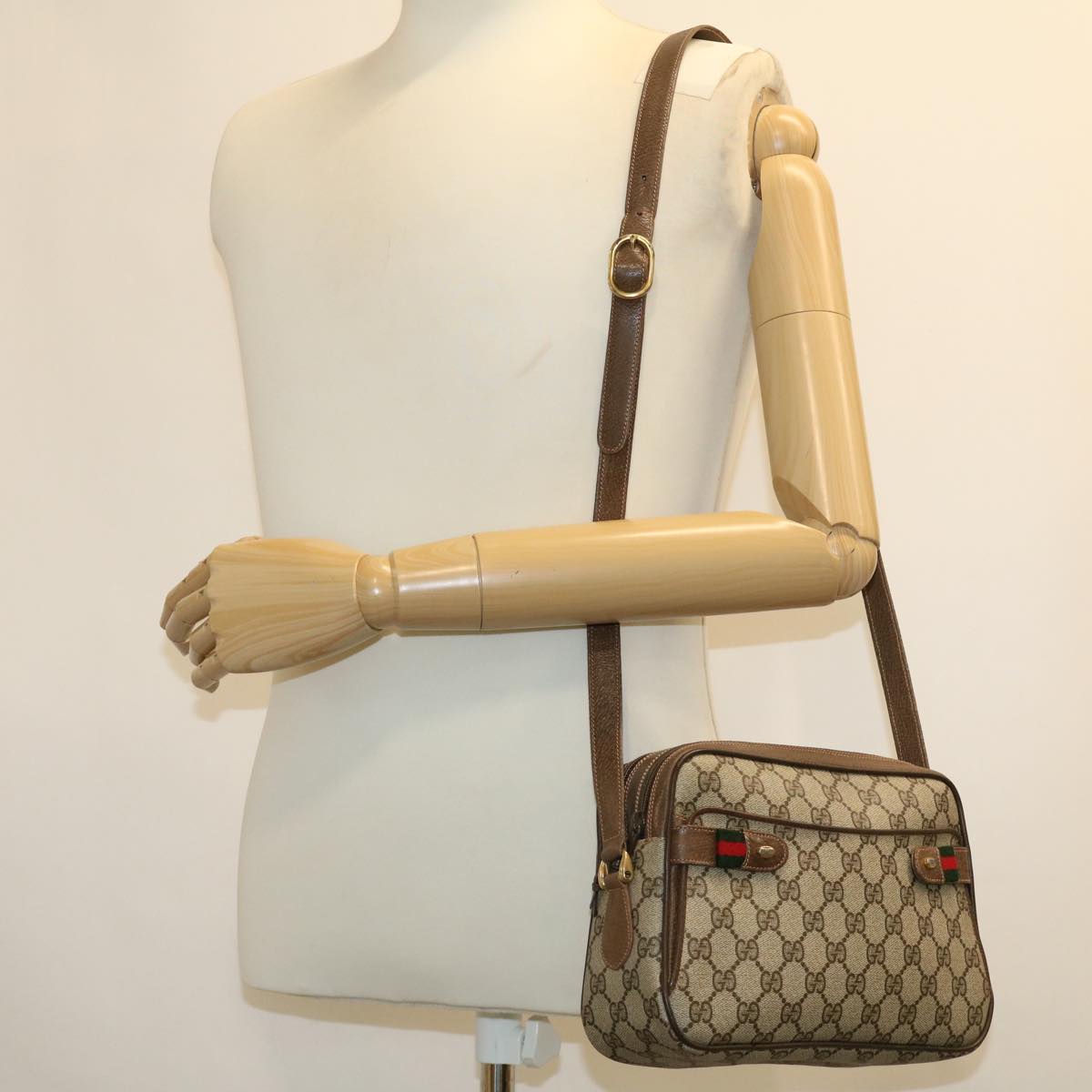 GUCCI GG Canvas Web Sherry Line Shoulder Bag Beige Red Green fm2200