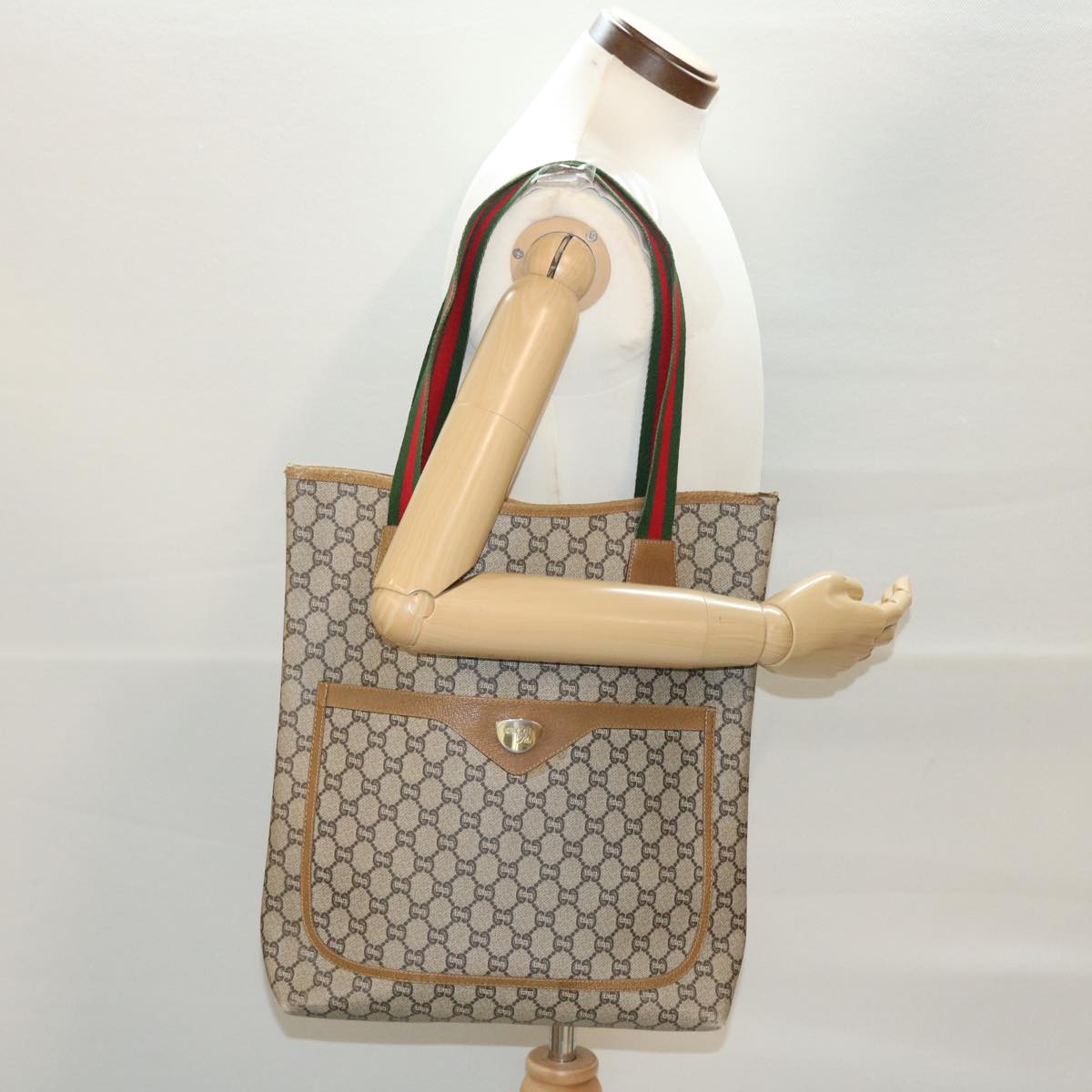 GUCCI GG Plus Canvas Web Sherry Line Tote Bag Beige Red Green fm2209
