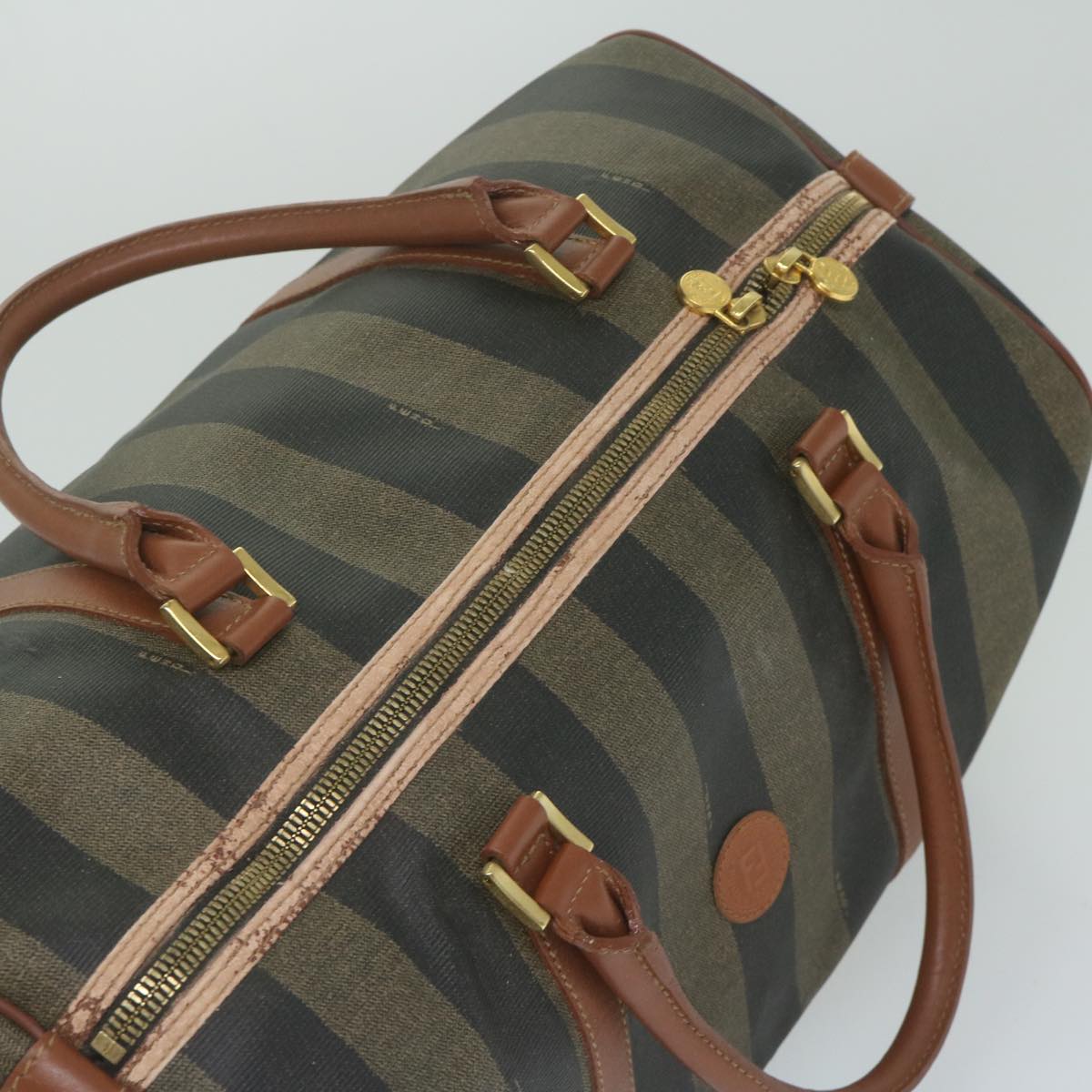 FENDI Pecan Canvas Boston Bag PVC Brown Khaki fm3027