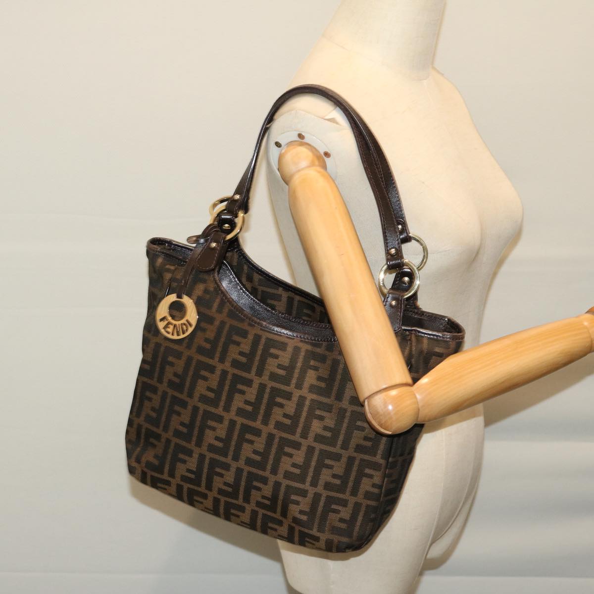 FENDI Zucca Canvas Shoulder Bag Black Brown fm3246