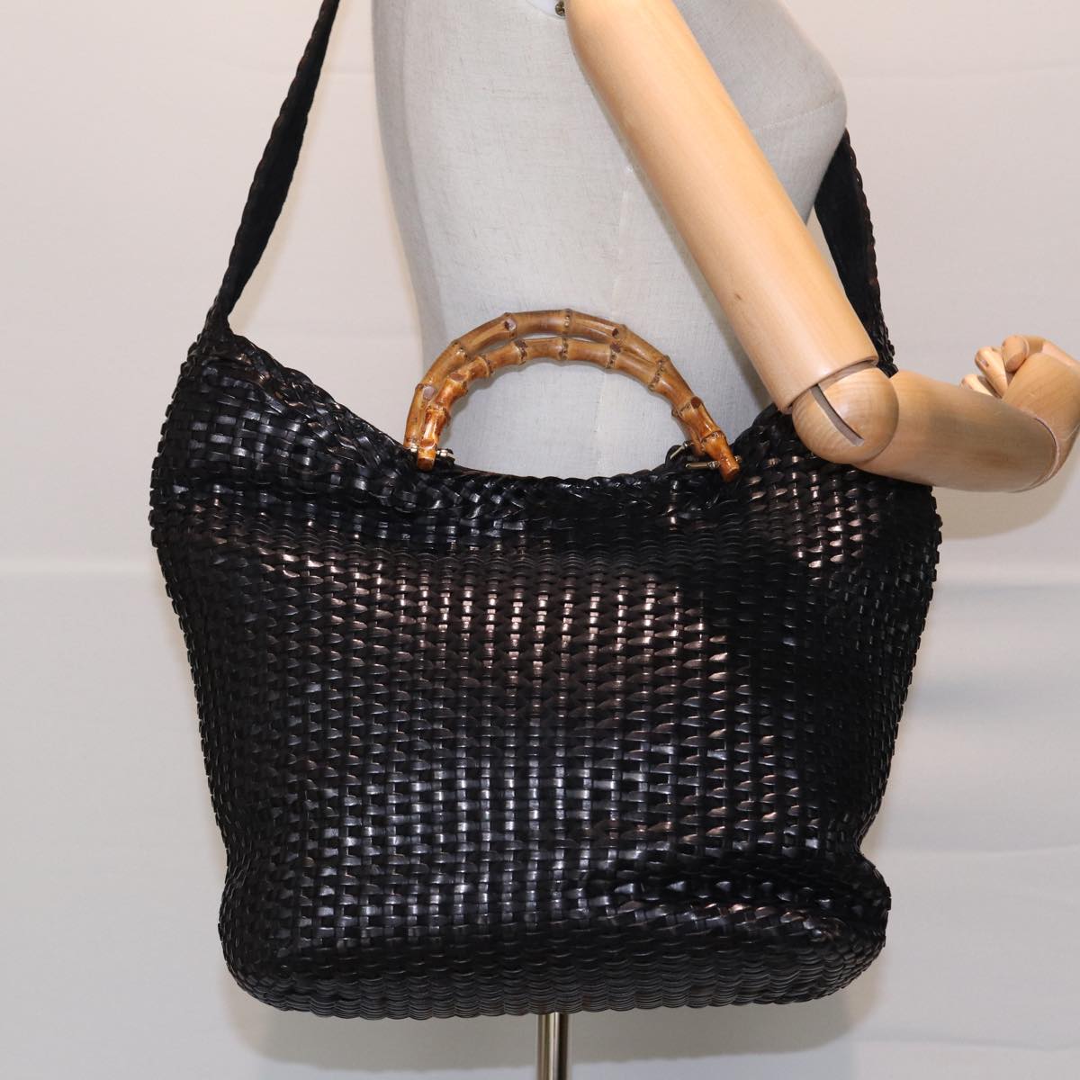 GUCCI Bamboo Hand Bag Leather 2way Black fm3573