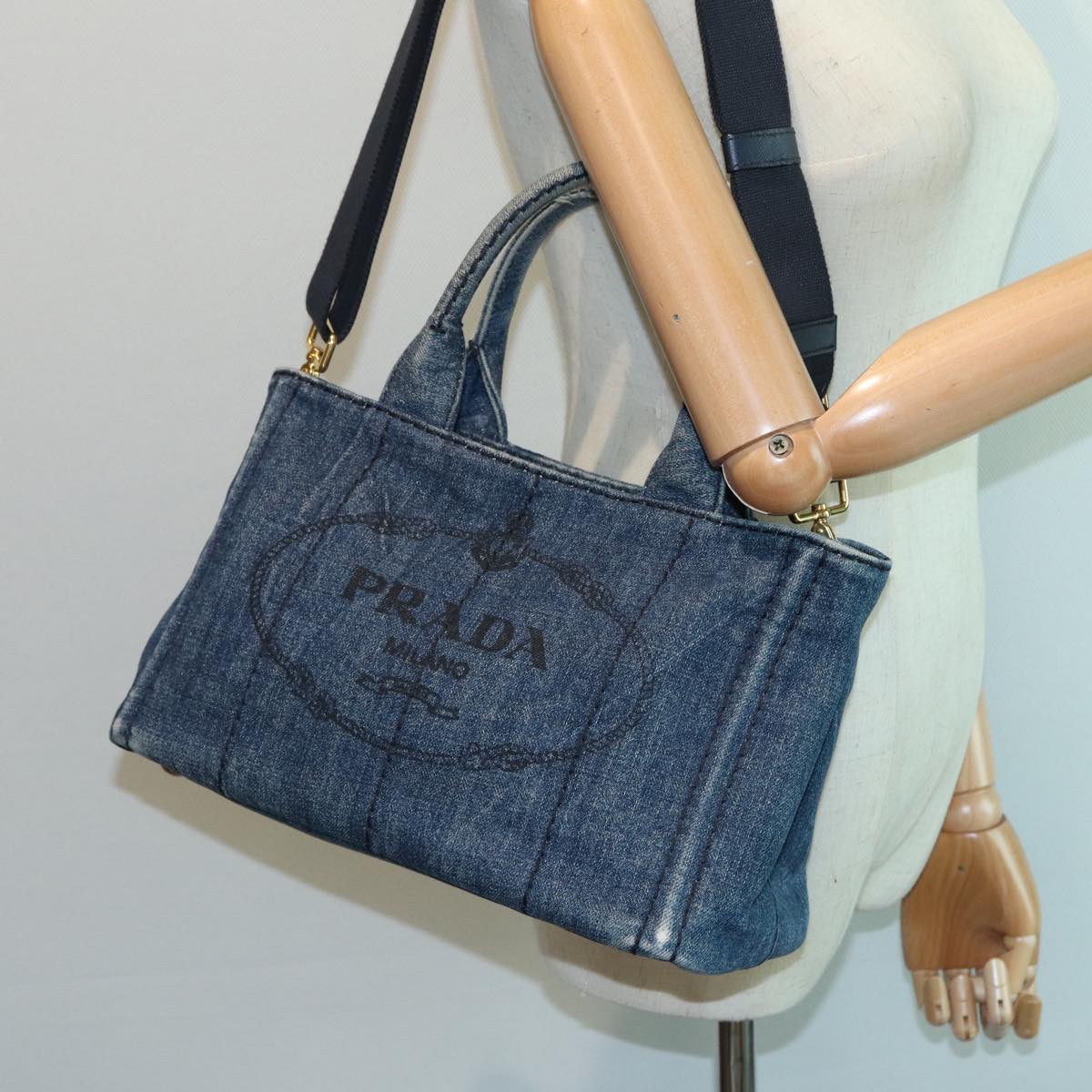 GUCCI GG Canvas Sherry Line Hand Bag PVC Leather Navy fm3583