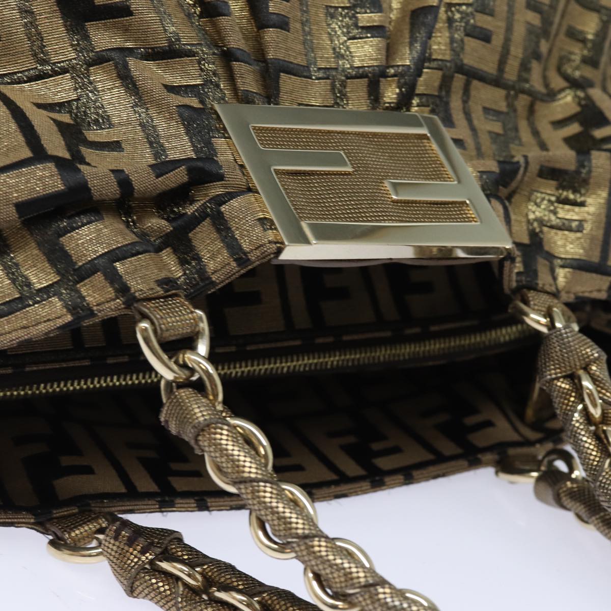 FENDI Zucca Canvas Chain Hand Bag Gold fm3589