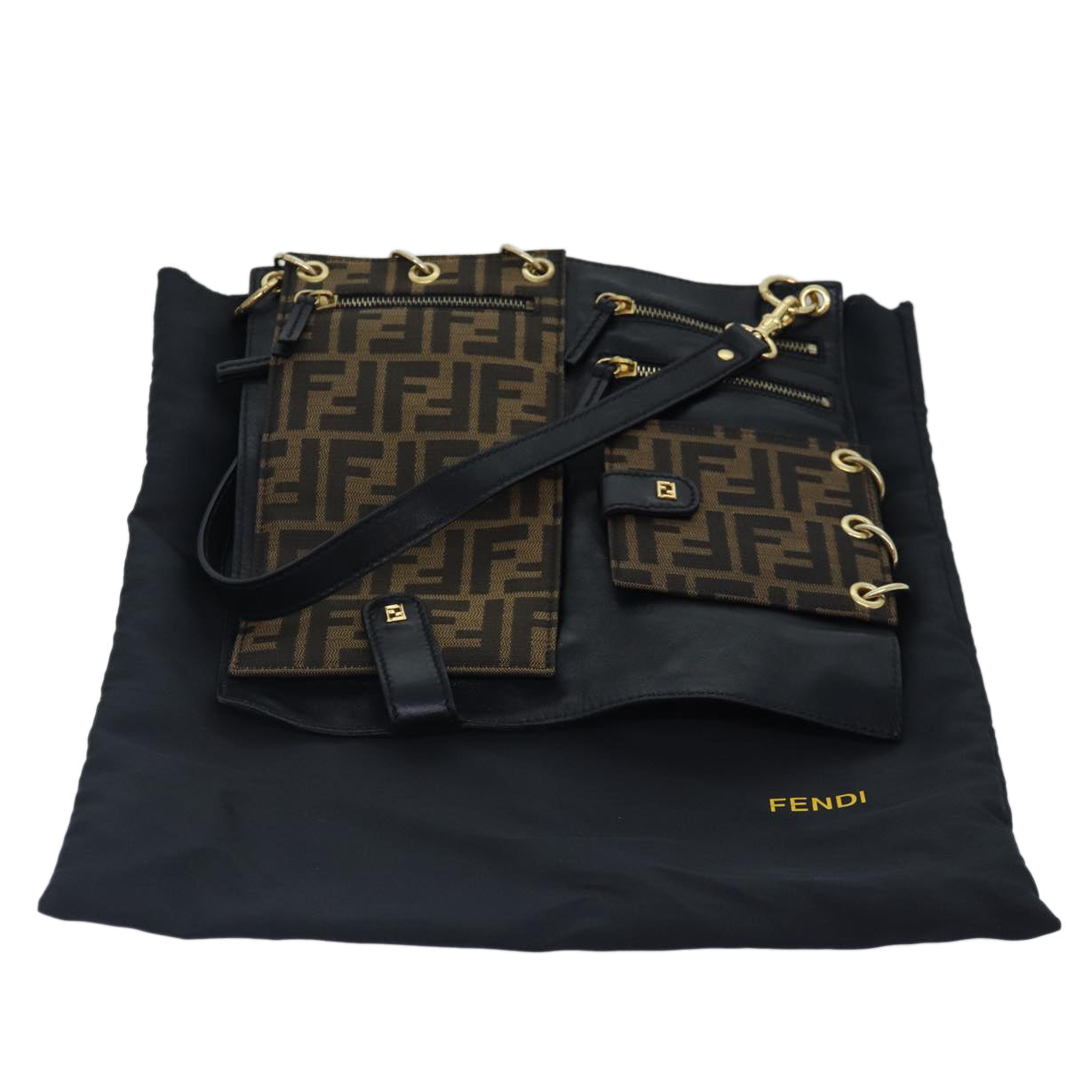 FENDI Zucca Canvas Shoulder Bag Leather Black Gold fm3729