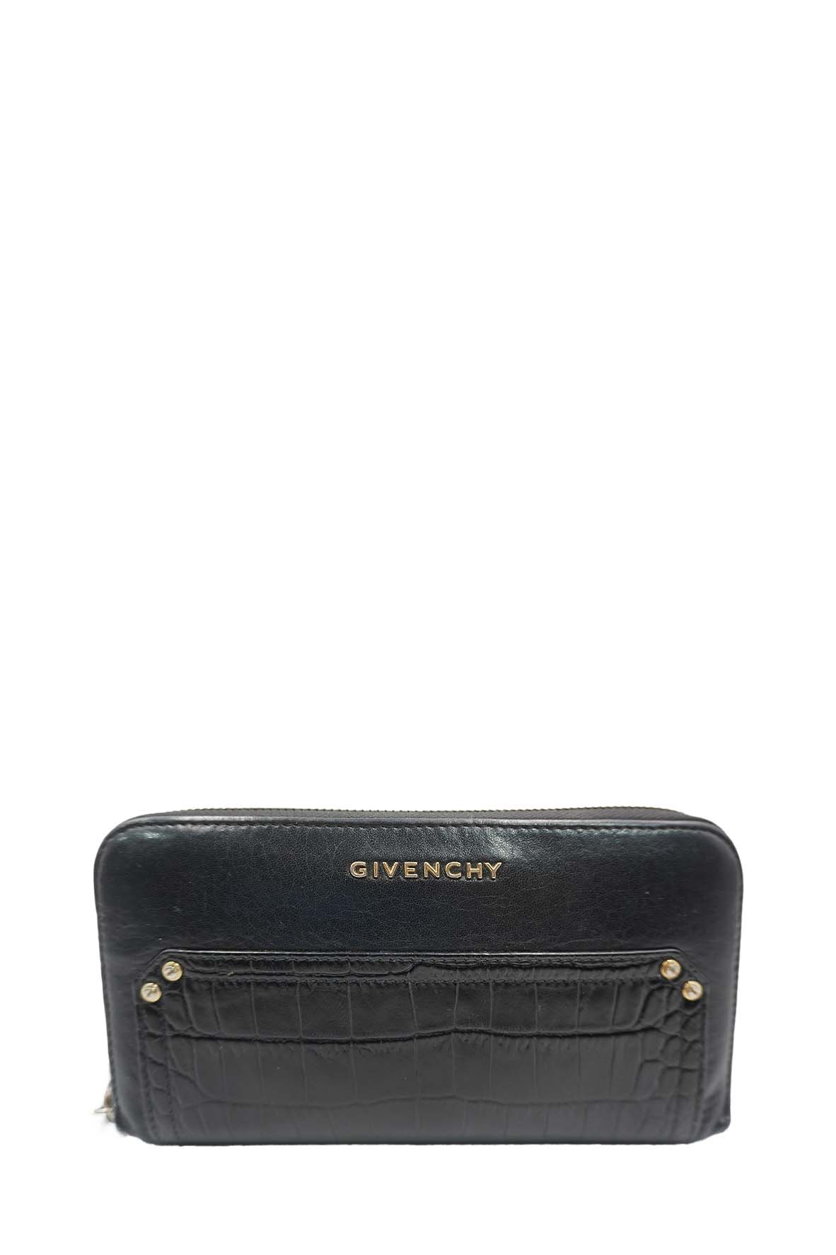 Pandora Zip Around Calfskin Crocodile Embossed Black
