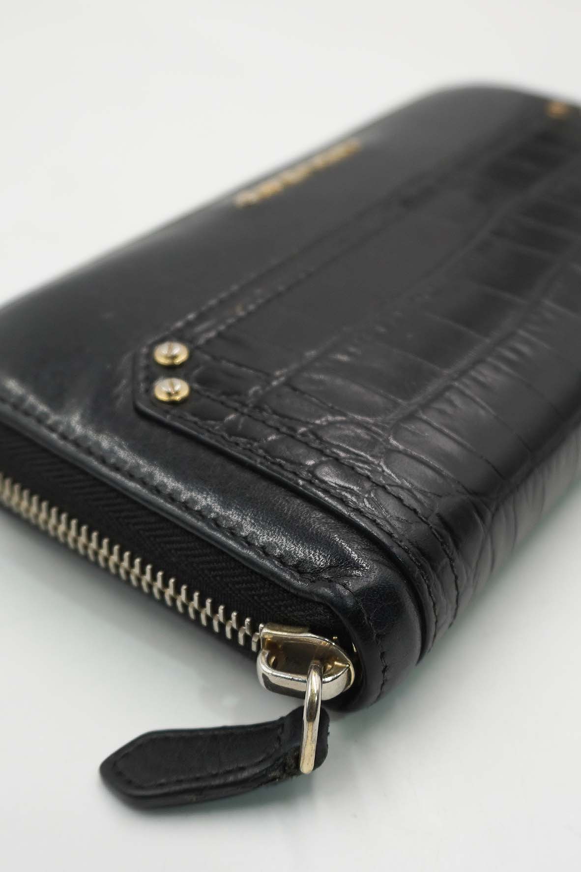 Pandora Zip Around Calfskin Crocodile Embossed Black