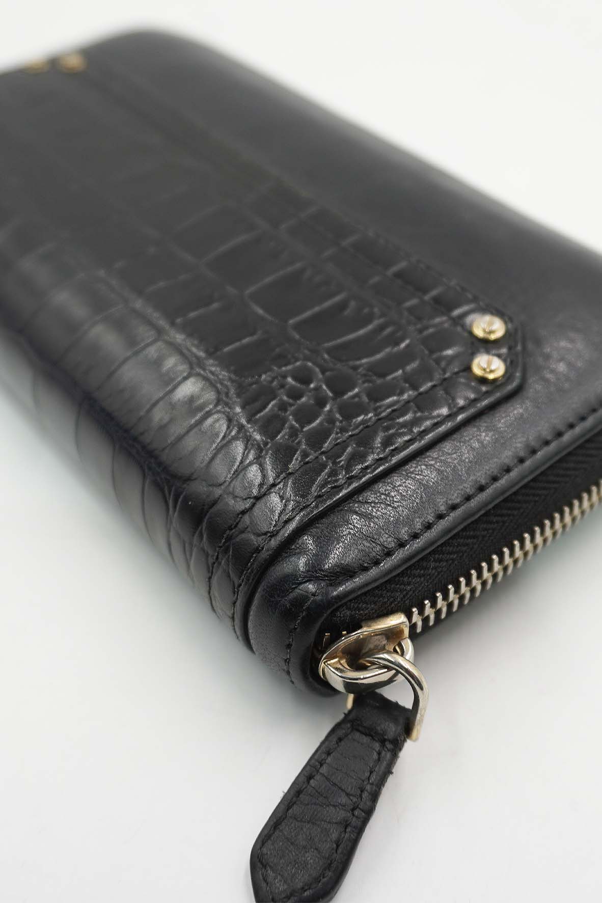 Pandora Zip Around Calfskin Crocodile Embossed Black