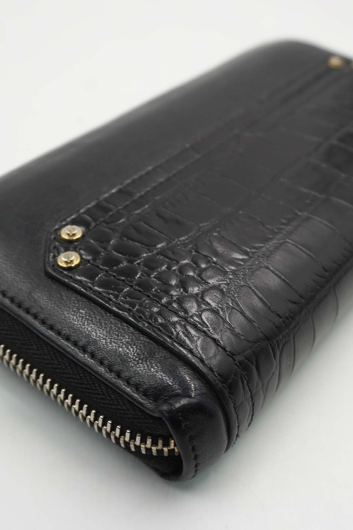 Pandora Zip Around Calfskin Crocodile Embossed Black