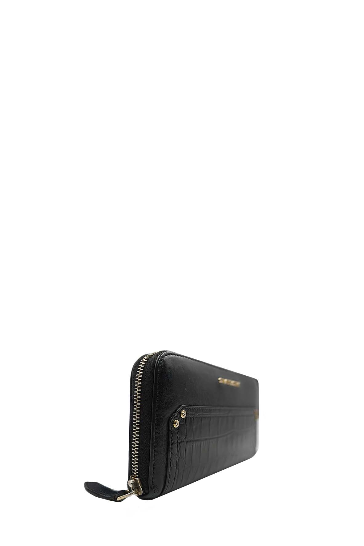 Pandora Zip Around Calfskin Crocodile Embossed Black