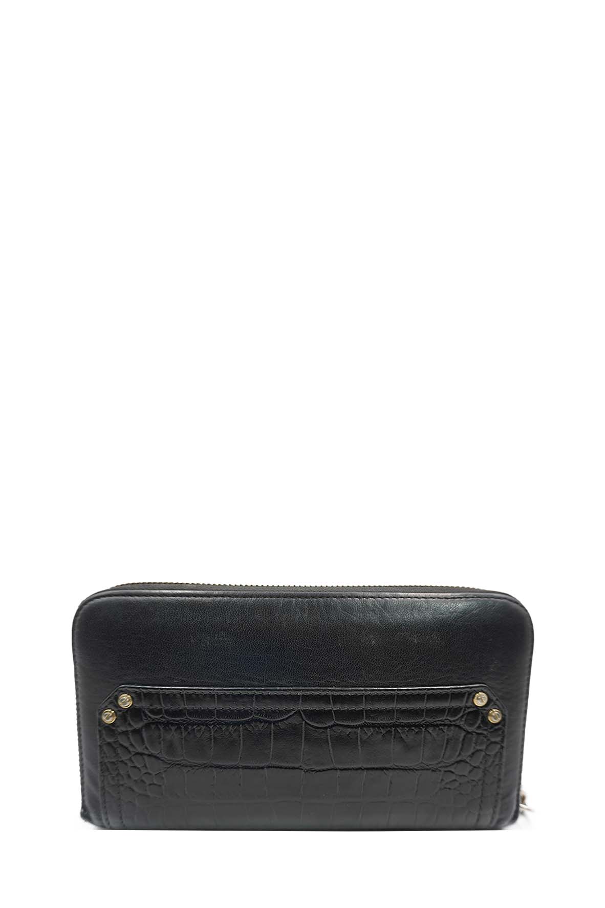 Pandora Zip Around Calfskin Crocodile Embossed Black