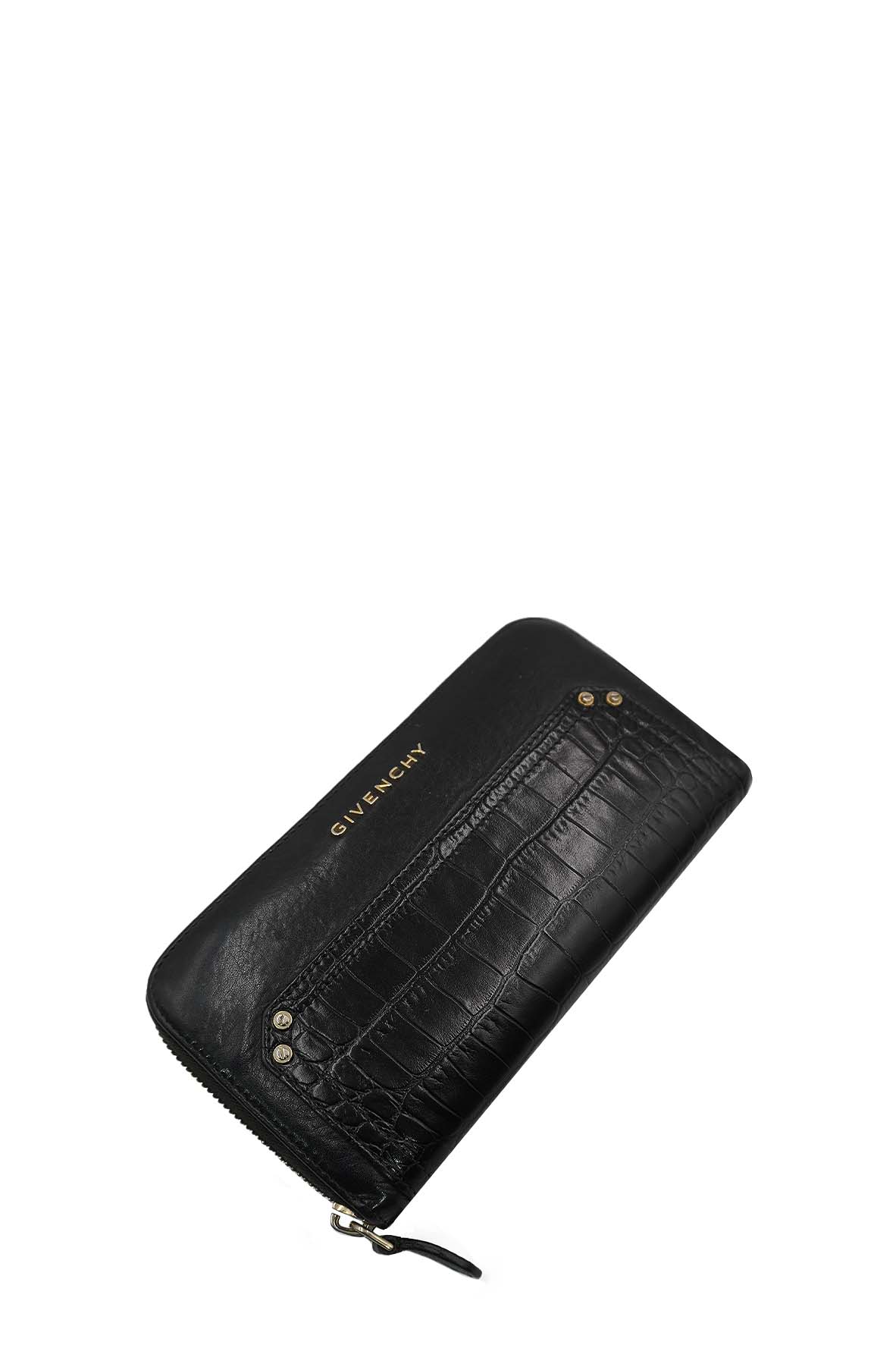 Pandora Zip Around Calfskin Crocodile Embossed Black