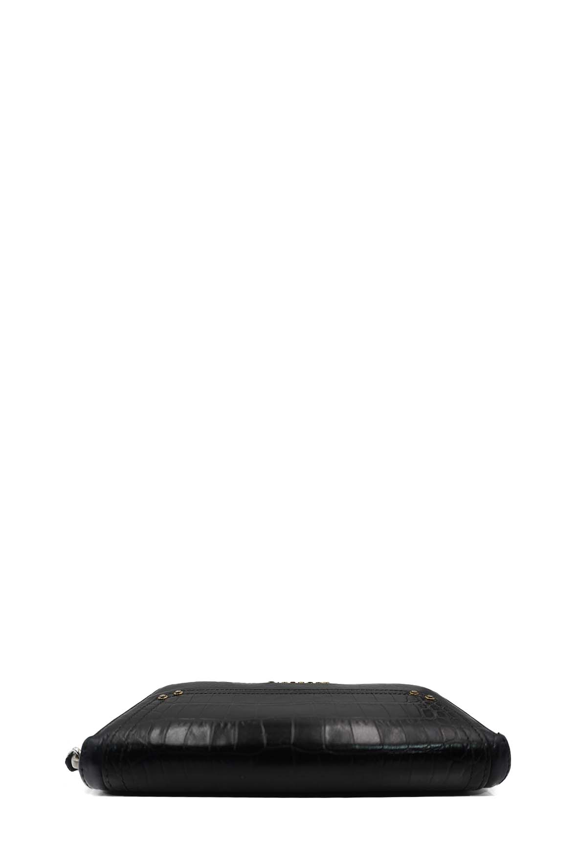 Pandora Zip Around Calfskin Crocodile Embossed Black
