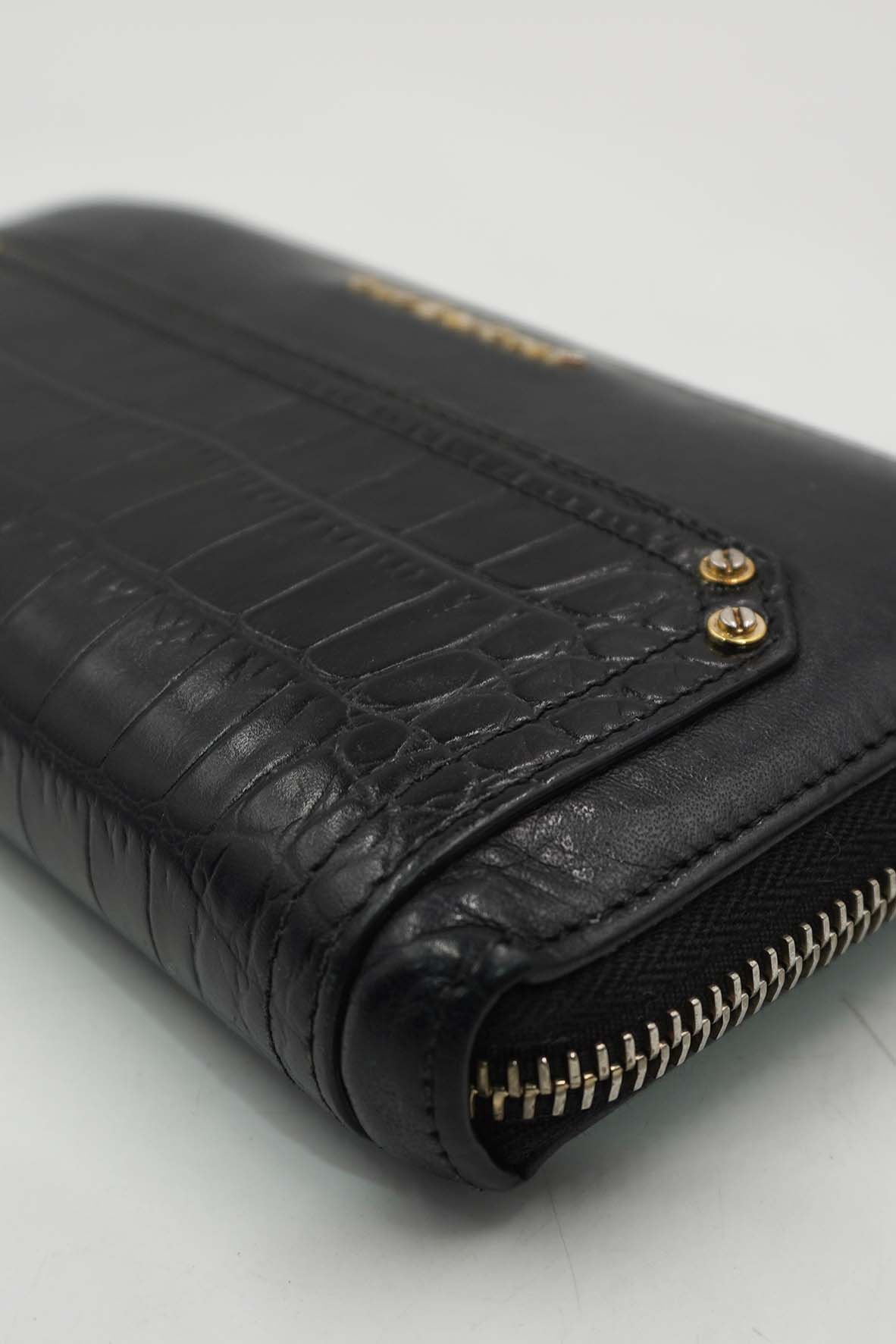 Pandora Zip Around Calfskin Crocodile Embossed Black