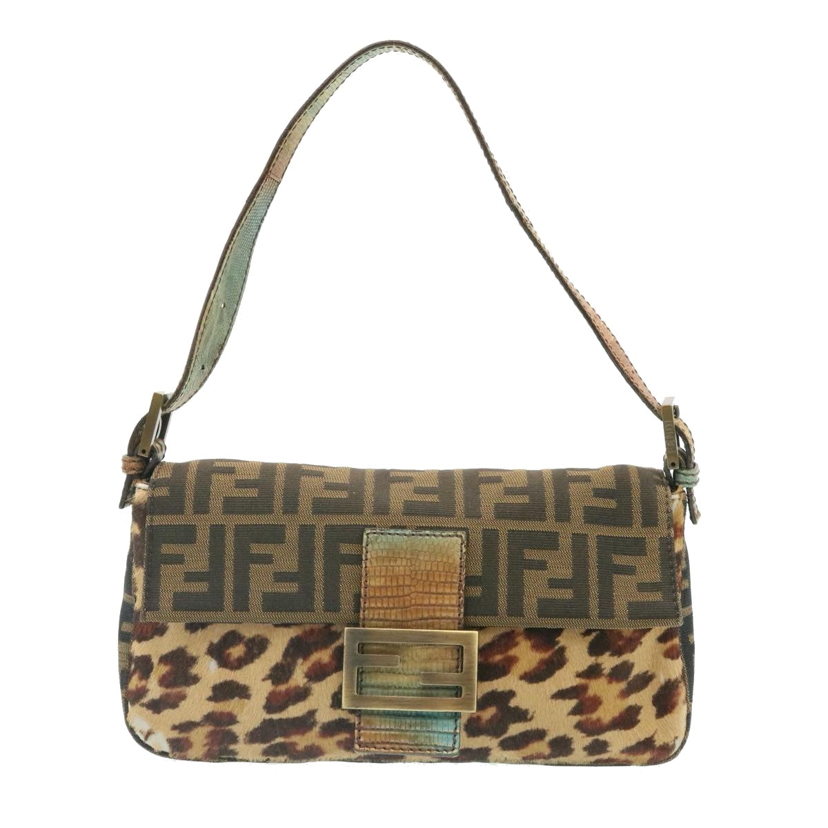 FENDI Zucca Canvas Leopard Mamma Baguette Shoulder Bag Brown Black am1632gA