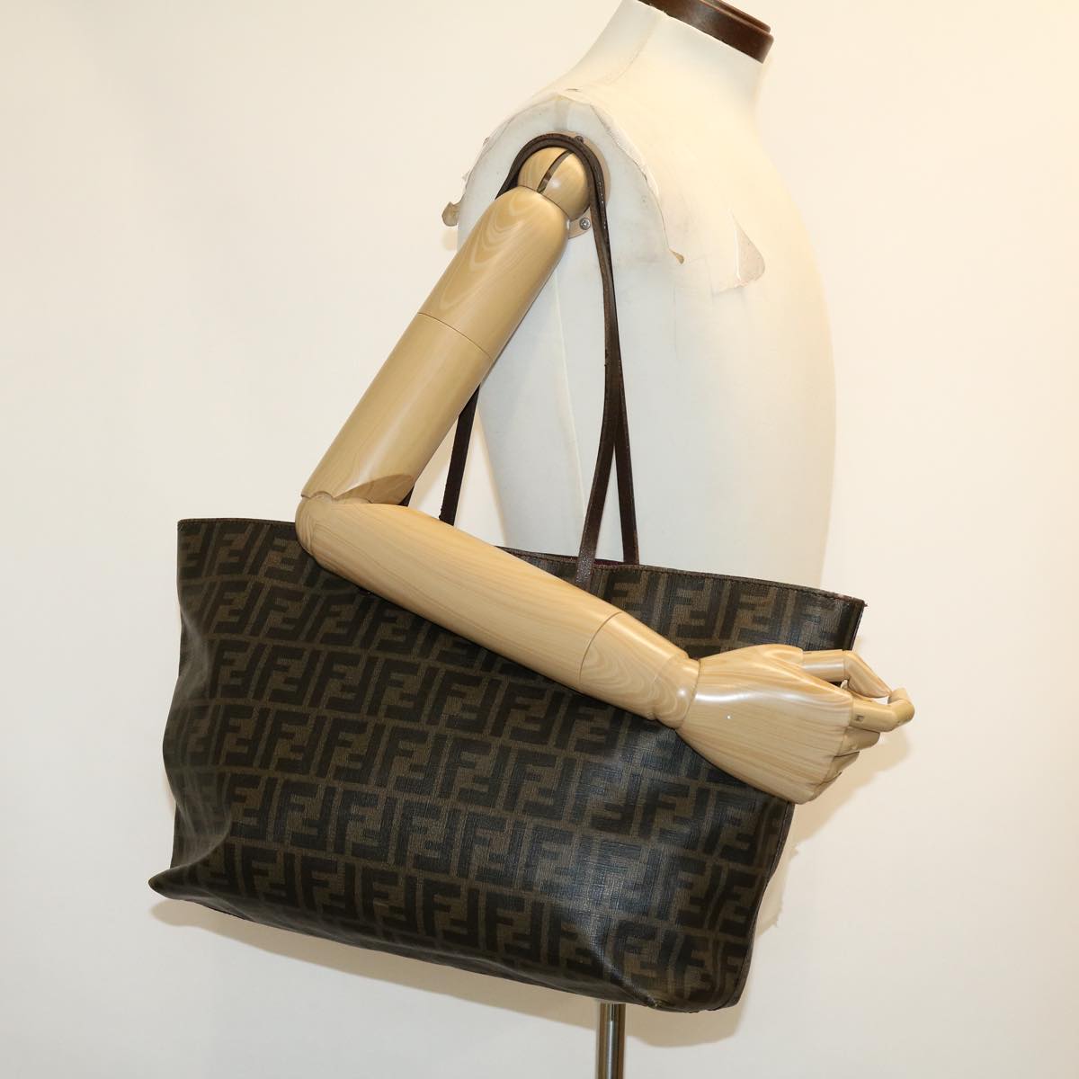FENDI Zucca Canvas Tote Bag PVC Leather Brown Black am2618g