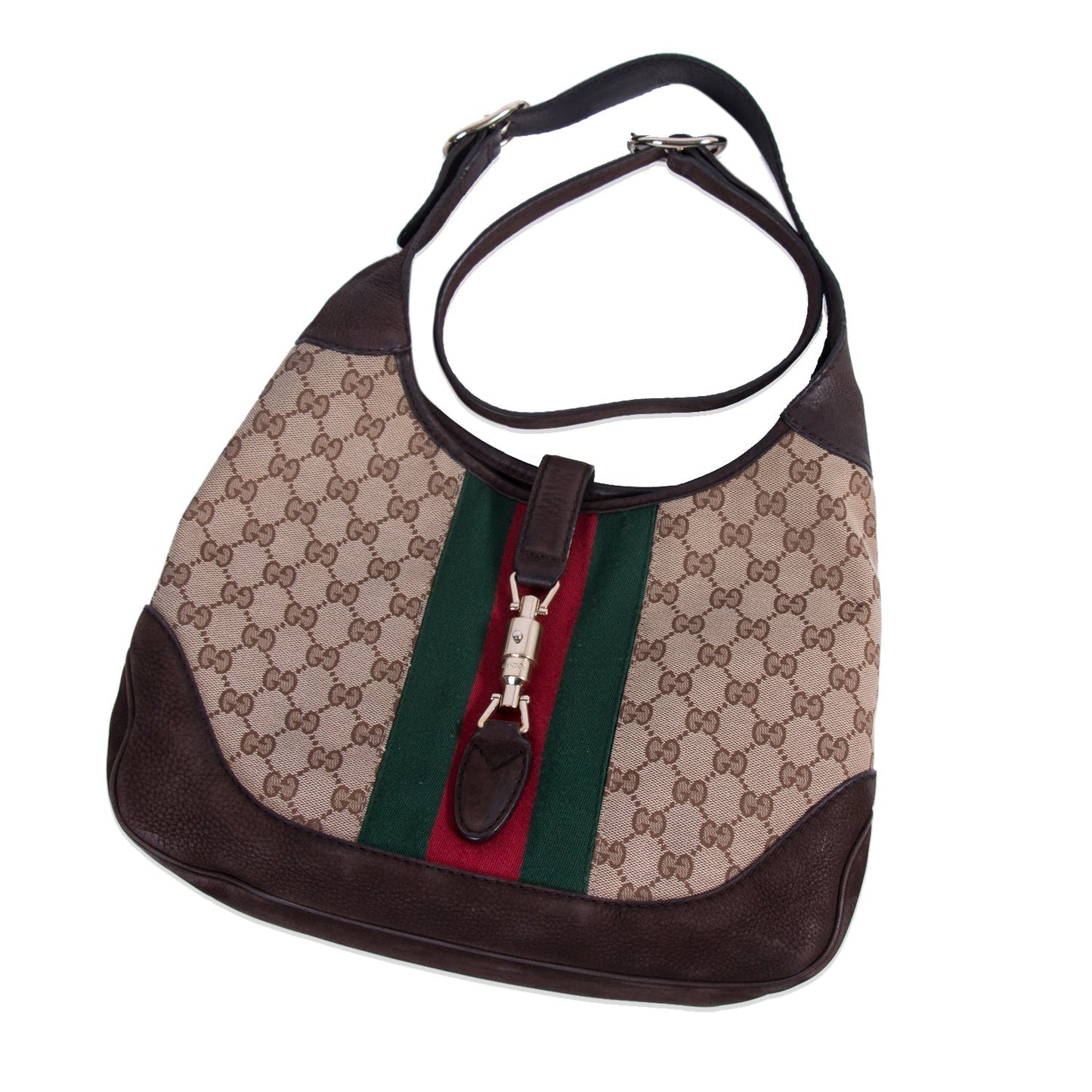 Gucci Jackie Web Stripe Canvas Suede Shoulder Bag