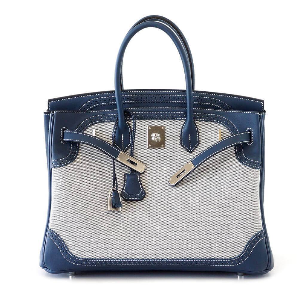HermÃƒÆ’Ã‚Â¨s Ghillies Birkin 35 Blue Bag PHW