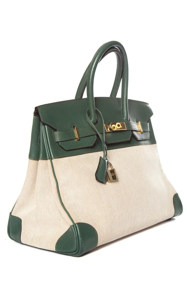 HermÃƒÆ’Ã‚Â¨s Birkin Leather & Toile 35cm Green Tote