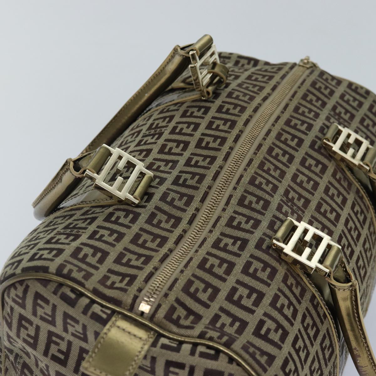 FENDI Zucchino Canvas Boston Bag Beige Gold hk1608