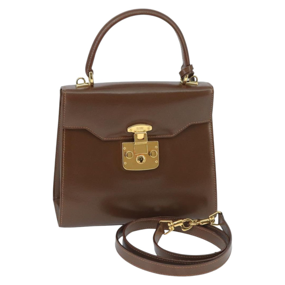 GUCCI Ready Lock Hand Bag Leather 2way Brown Gold hk1714
