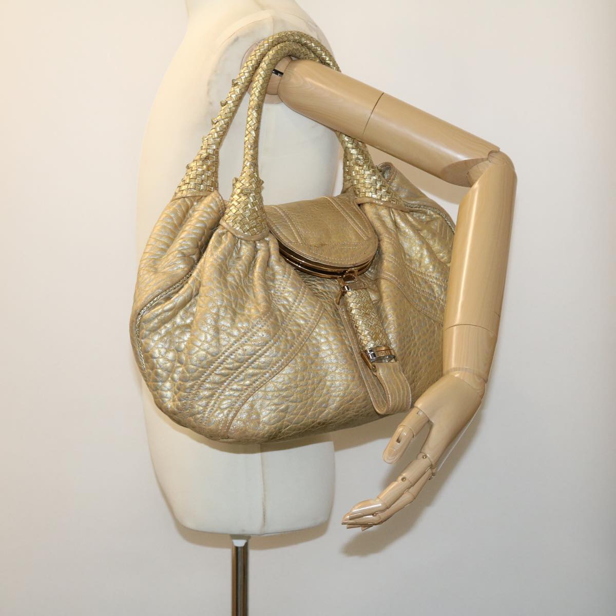 FENDI Spy Bag Zucca Canvas Shoulder Bag Leather Gold hk396