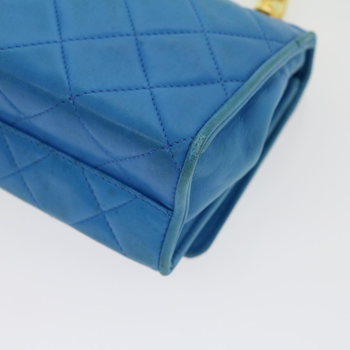 CHANEL Hand Bag Lamb Skin Blue CC hk455A