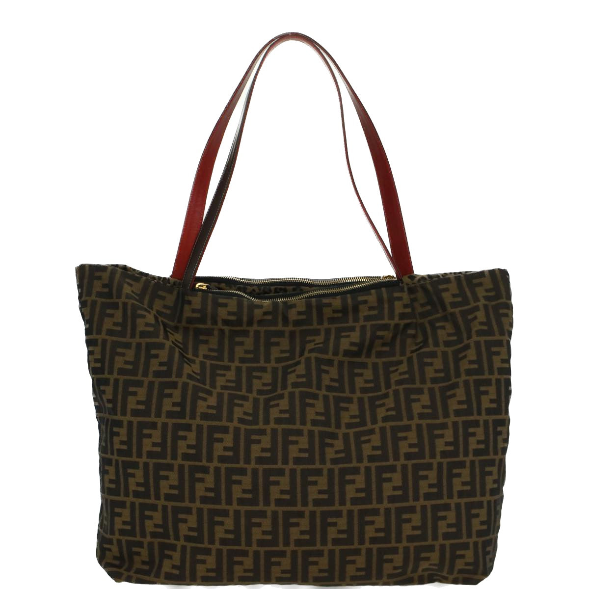 FENDI Zucca Canvas Leopard Tote Bag Nylon Reversible Brown Black Red hk829