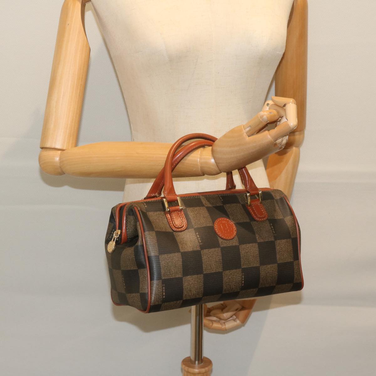 FENDI Pecan Canvas Boston Bag Black Brown hk943
