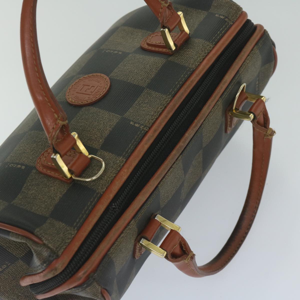 FENDI Pecan Canvas Boston Bag Black Brown hk943