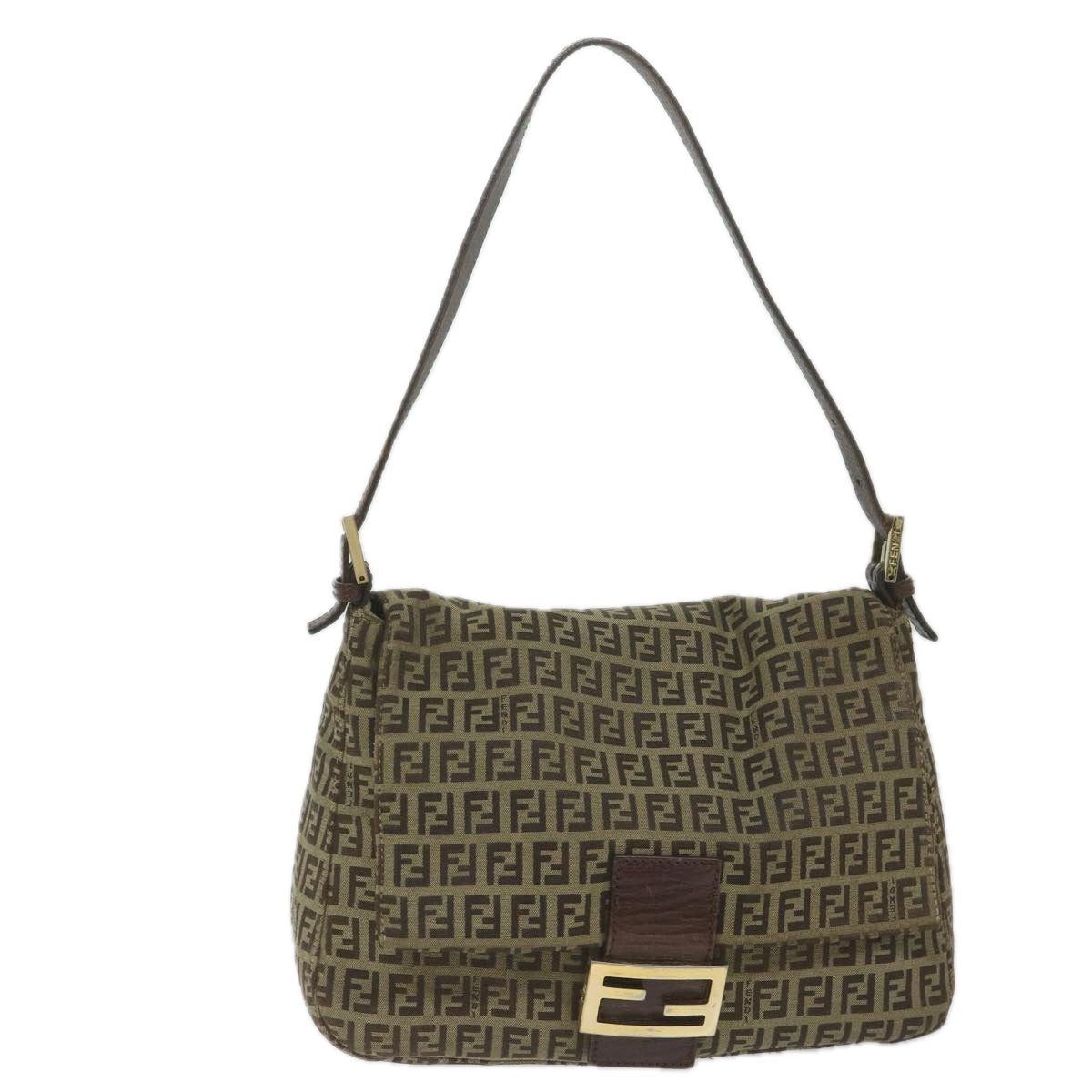 FENDI Zucchino Canvas Mamma Baguette Shoulder Bag Brown hk949