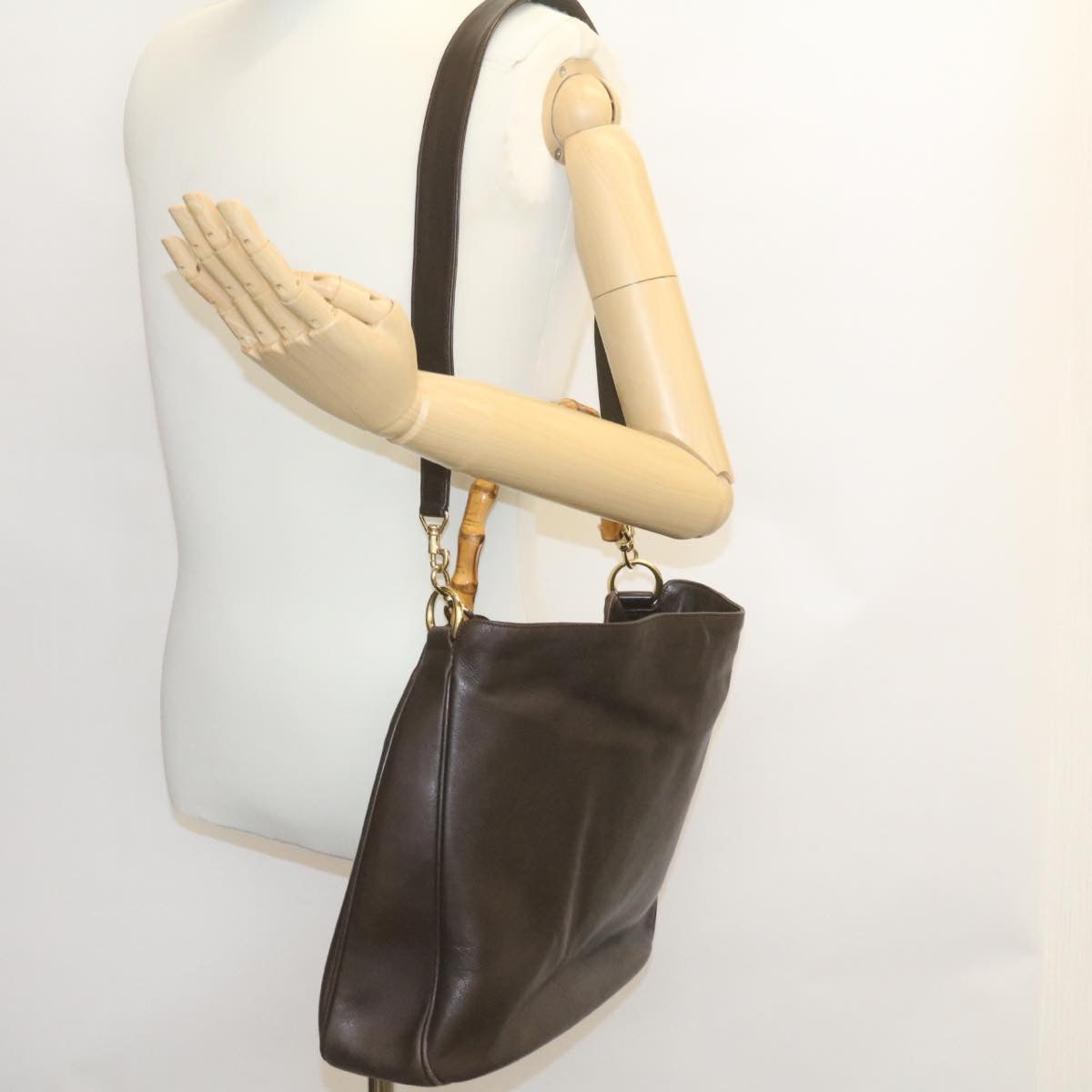 GUCCI Bamboo 2Way Shoulder Bag Leather Dark Brown ki1542