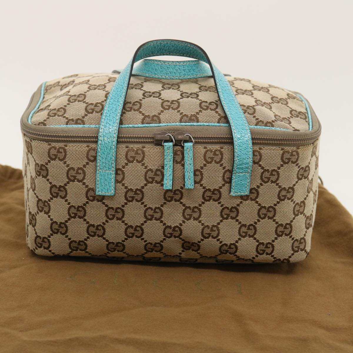 GUCCI GG Canvas Hand Bag Turquoise Blue Brown ki1827