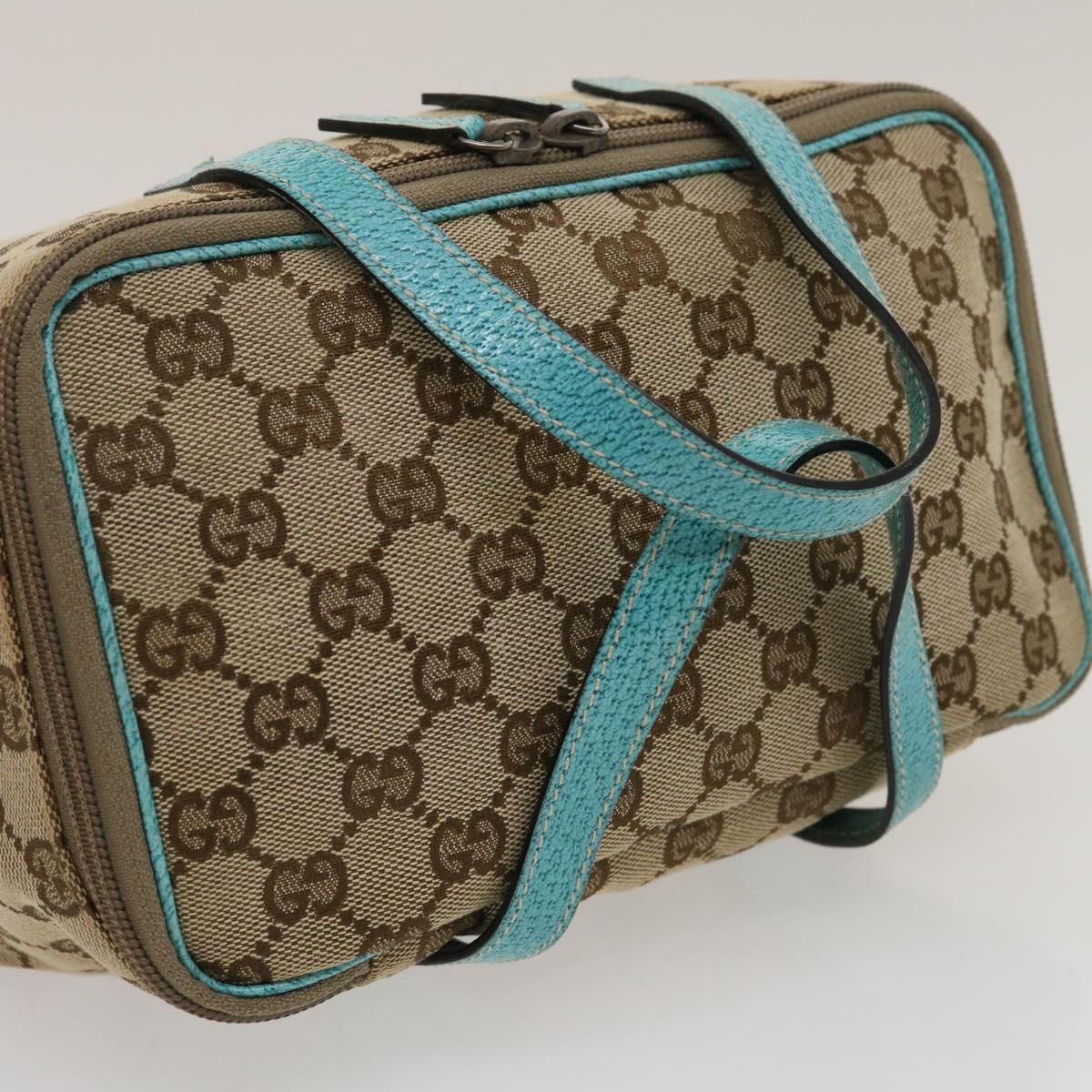 GUCCI GG Canvas Hand Bag Turquoise Blue Brown ki1827