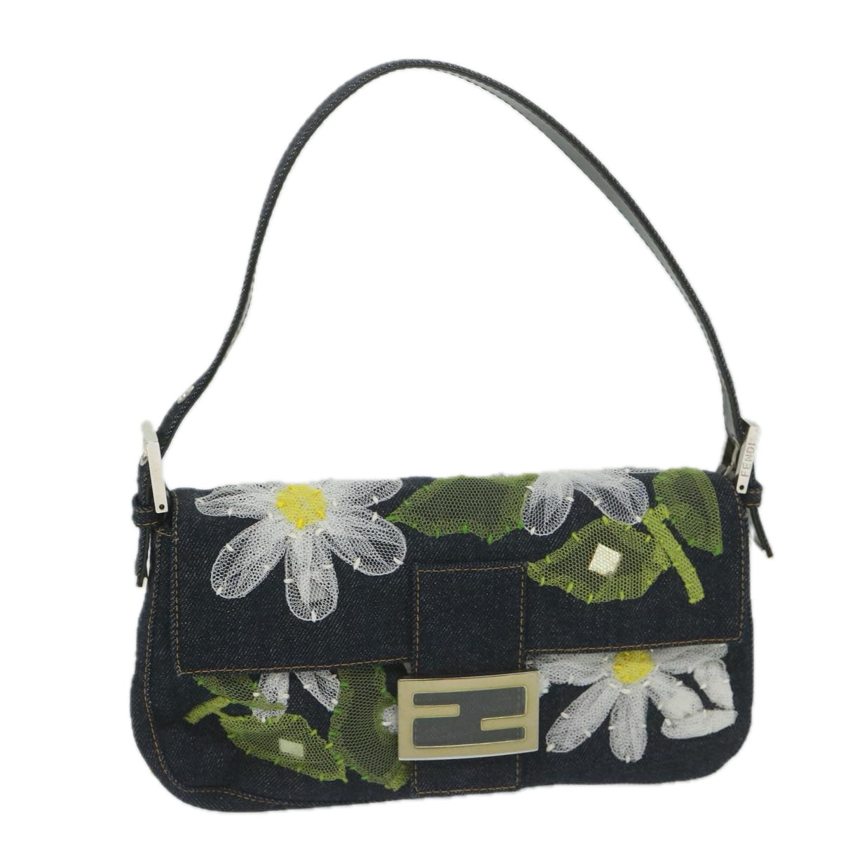FENDI Flower Lace Mamma Baguette Shoulder Bag Denim Blue ki3965A