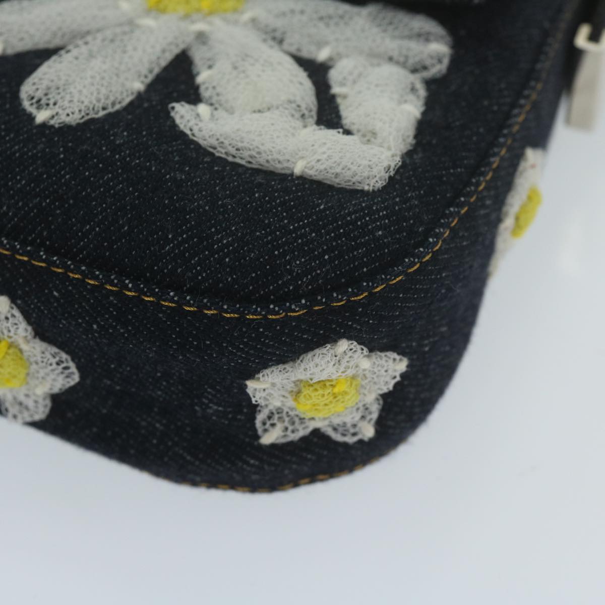 FENDI Flower Lace Mamma Baguette Shoulder Bag Denim Blue ki3965A