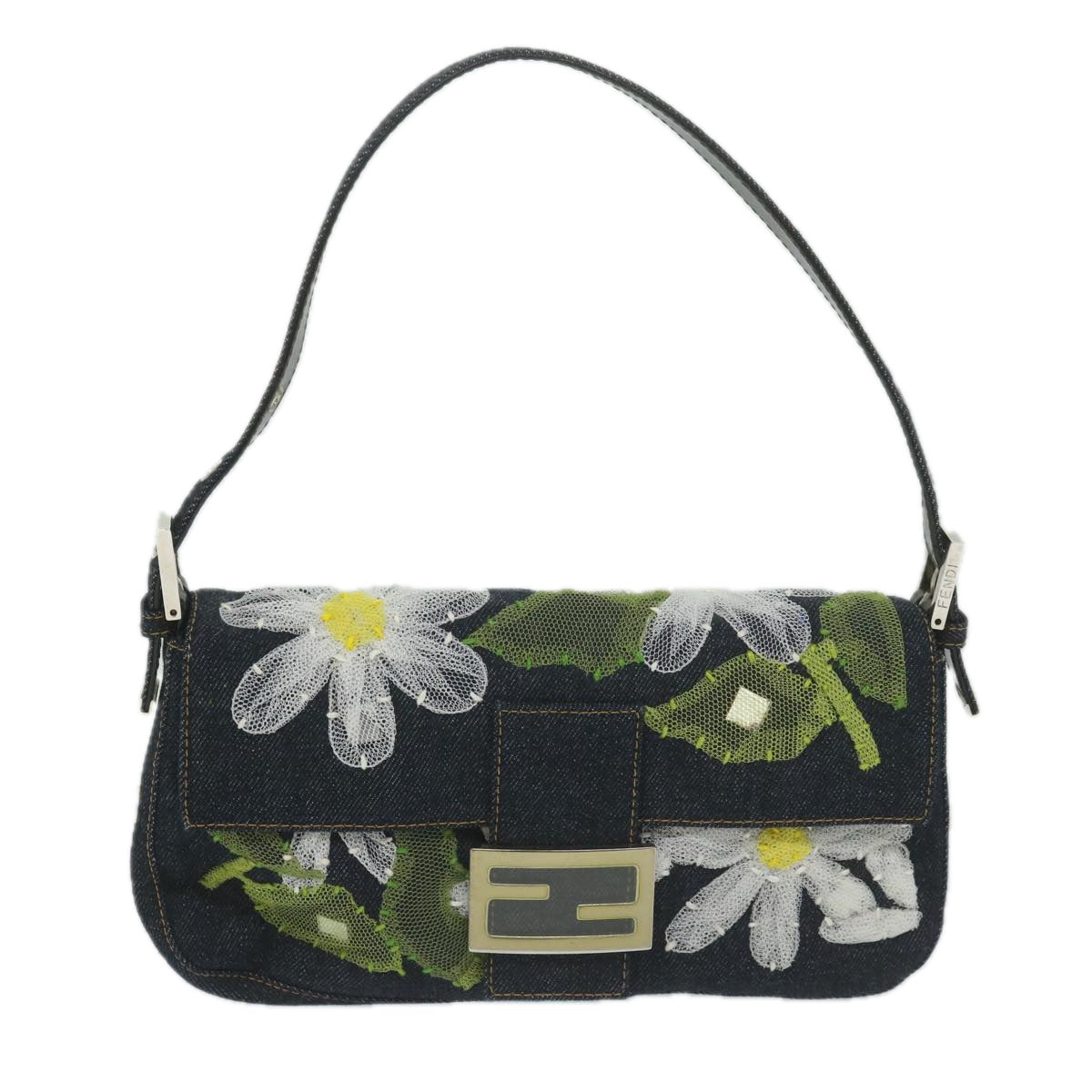 FENDI Flower Lace Mamma Baguette Shoulder Bag Denim Blue ki3965A