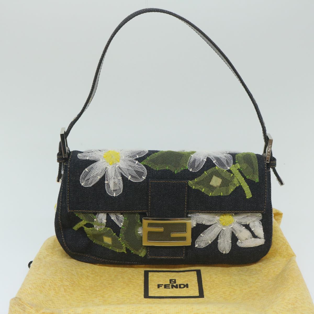 FENDI Flower Lace Mamma Baguette Shoulder Bag Denim Blue ki3965A