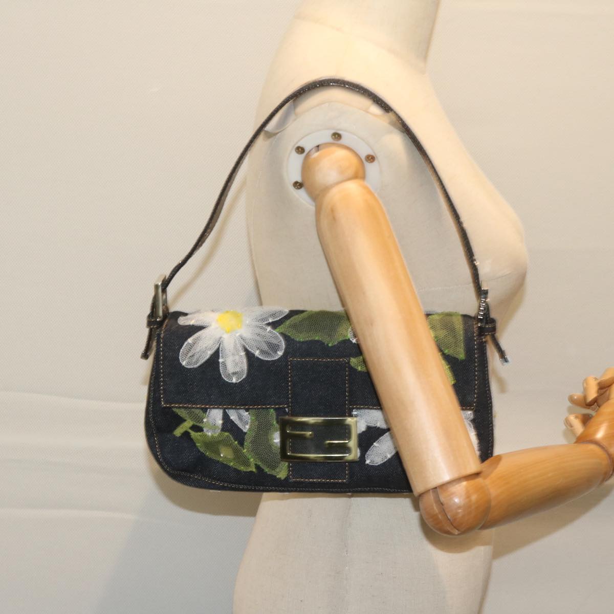 FENDI Flower Lace Mamma Baguette Shoulder Bag Denim Blue ki3965A