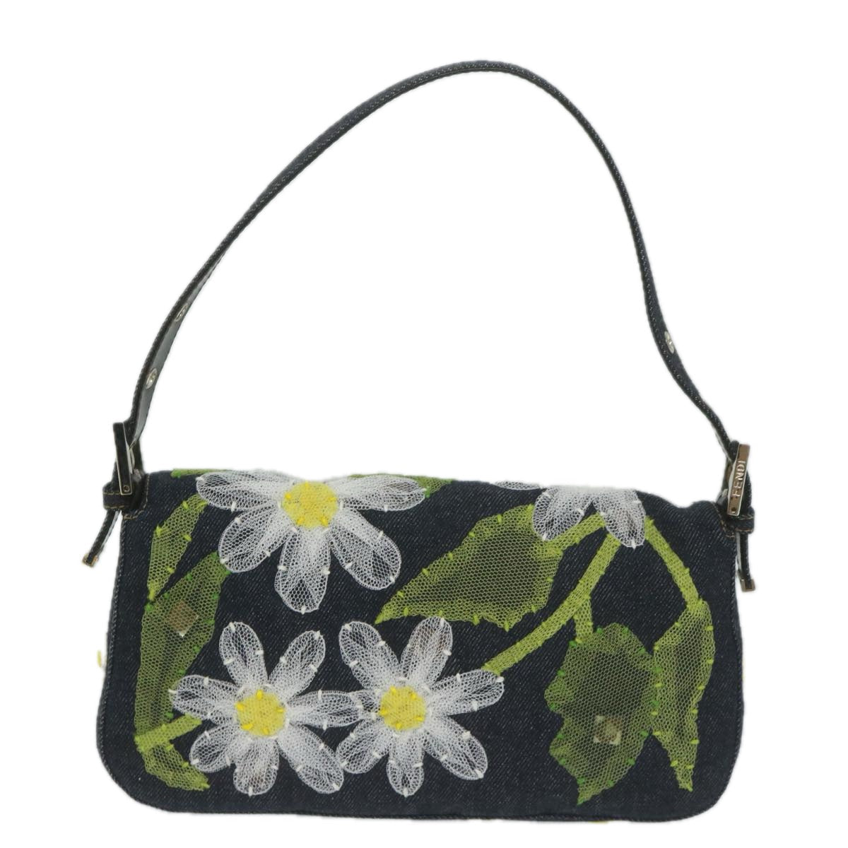FENDI Flower Lace Mamma Baguette Shoulder Bag Denim Blue ki3965A