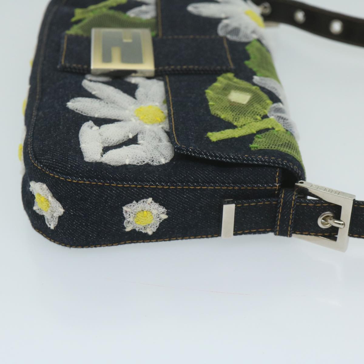 FENDI Flower Lace Mamma Baguette Shoulder Bag Denim Blue ki3965A