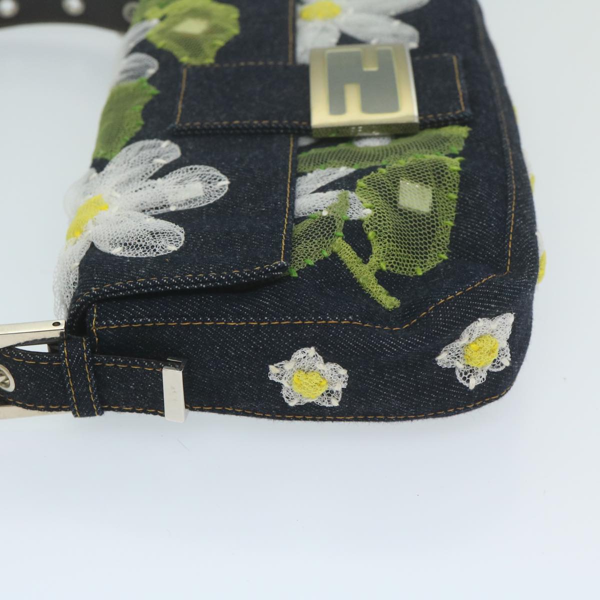 FENDI Flower Lace Mamma Baguette Shoulder Bag Denim Blue ki3965A
