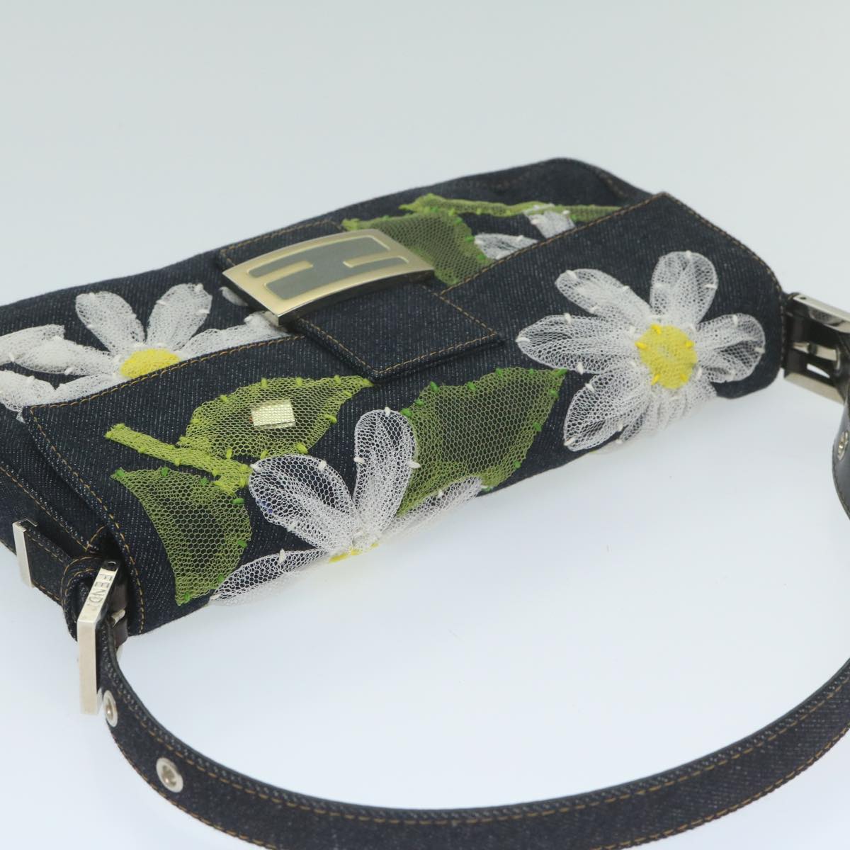 FENDI Flower Lace Mamma Baguette Shoulder Bag Denim Blue ki3965A