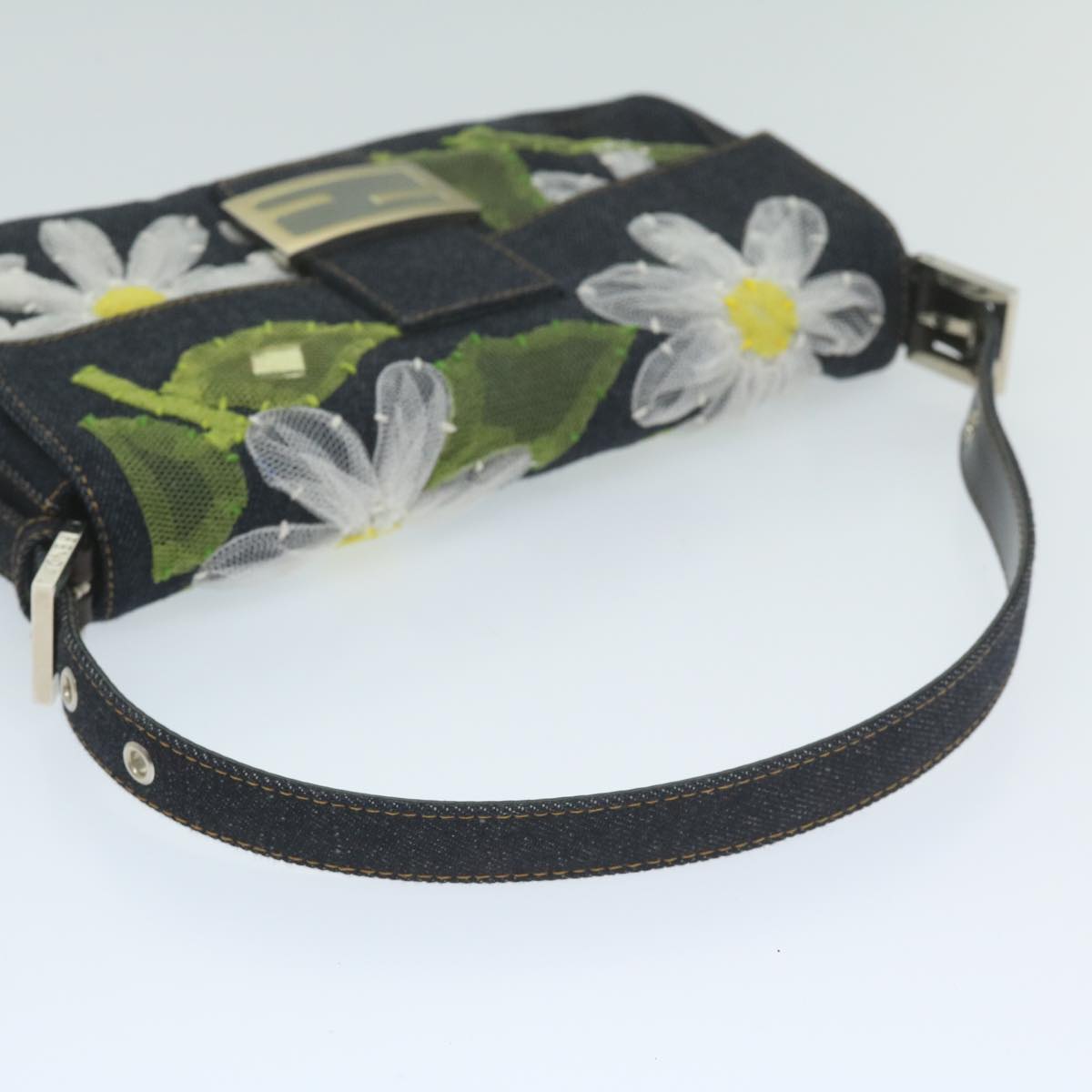 FENDI Flower Lace Mamma Baguette Shoulder Bag Denim Blue ki3965A